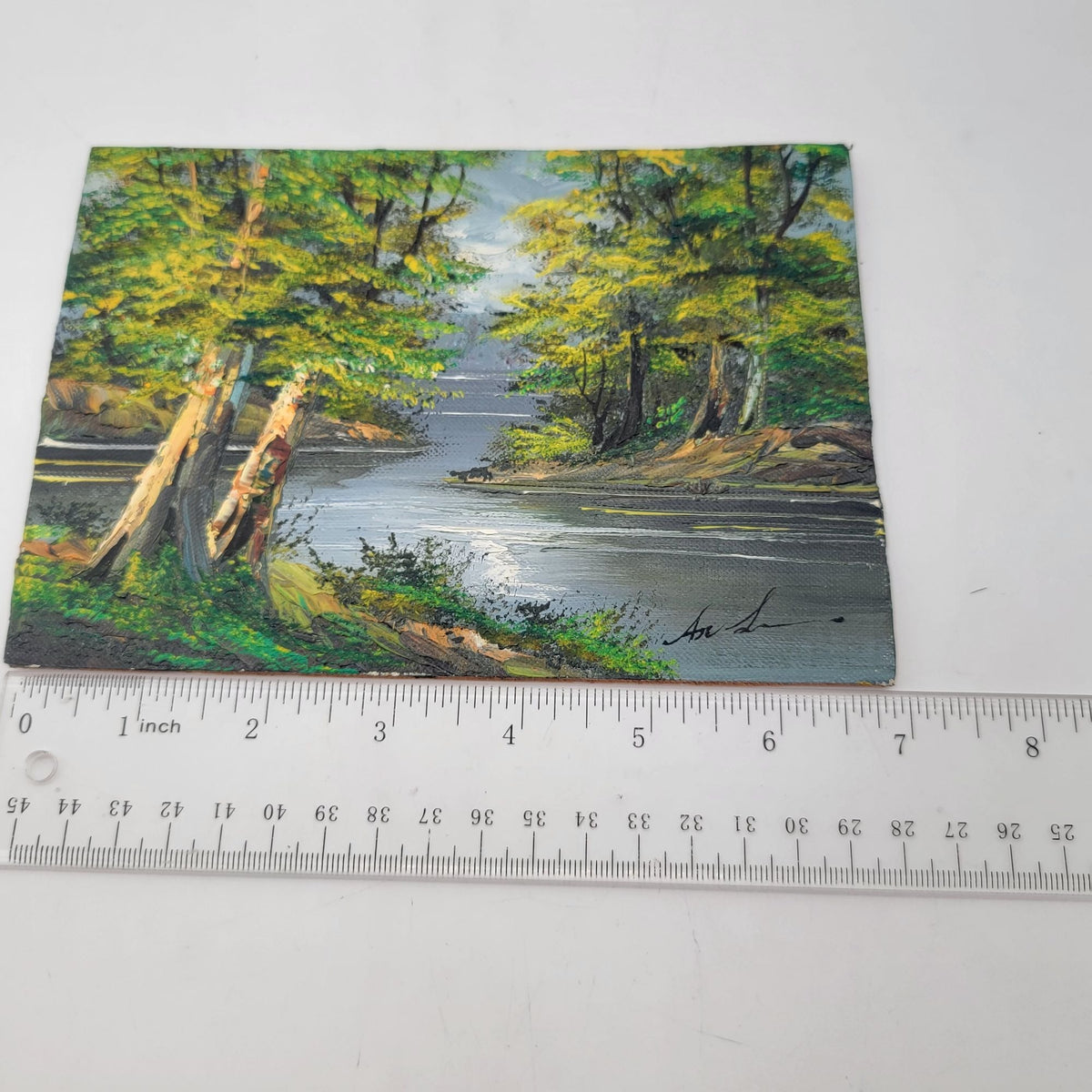 Original Landscape Oil Painting On Wood Panel With Impasto Texture Featuring Trees And A River Scene 5x7"