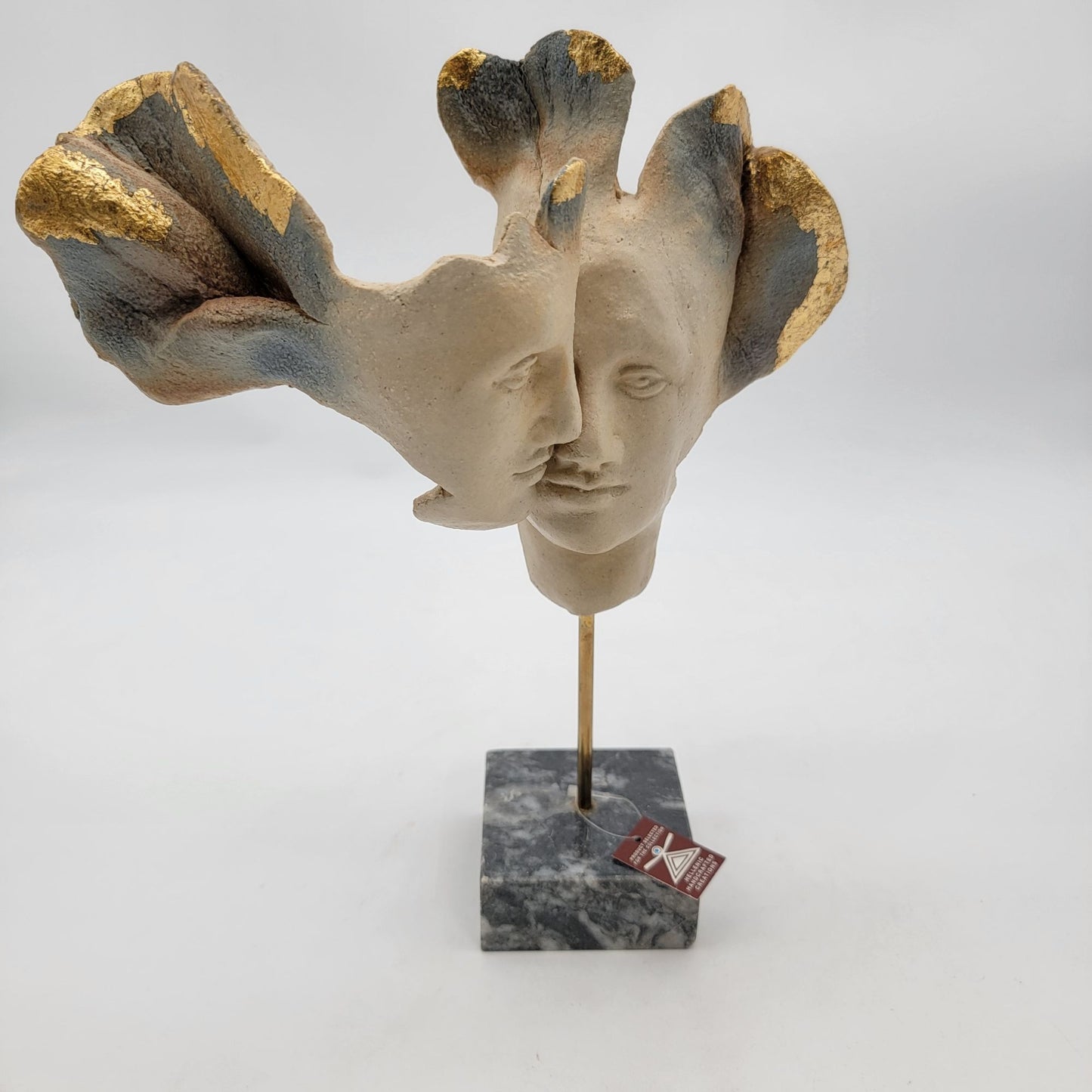 Hellenic Handcrafted Creations Abstract Faces Sculpture With Marble Base & Gold Leaf