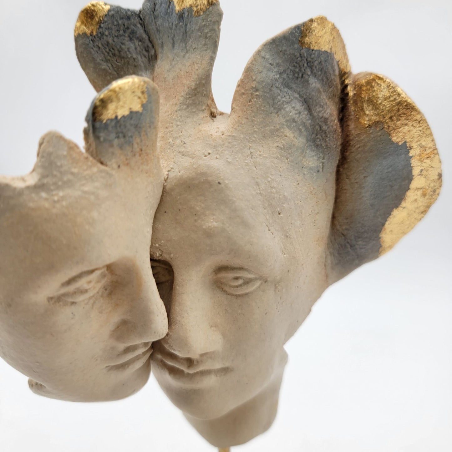 Hellenic Handcrafted Creations Abstract Faces Sculpture With Marble Base & Gold Leaf