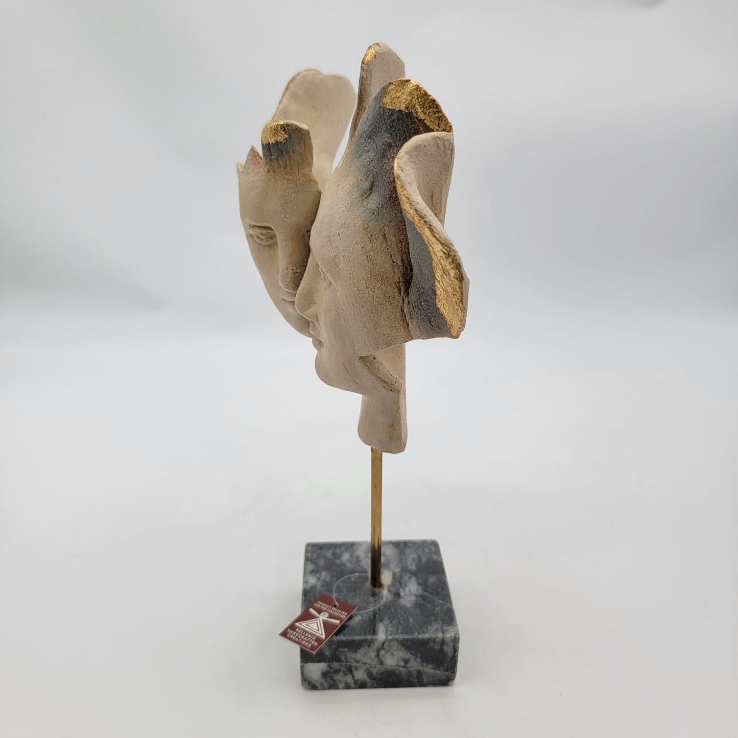 Hellenic Handcrafted Creations Abstract Faces Sculpture With Marble Base & Gold Leaf