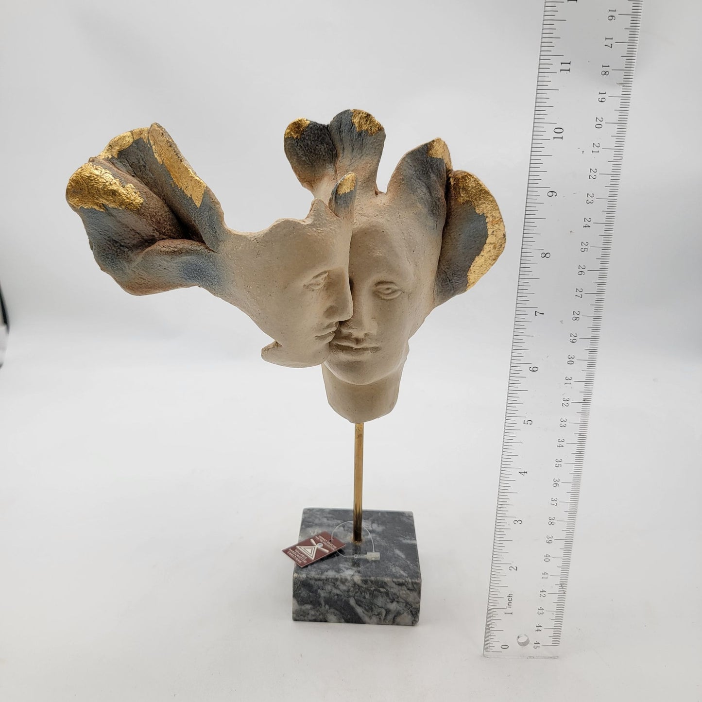 Hellenic Handcrafted Creations Abstract Faces Sculpture With Marble Base & Gold Leaf