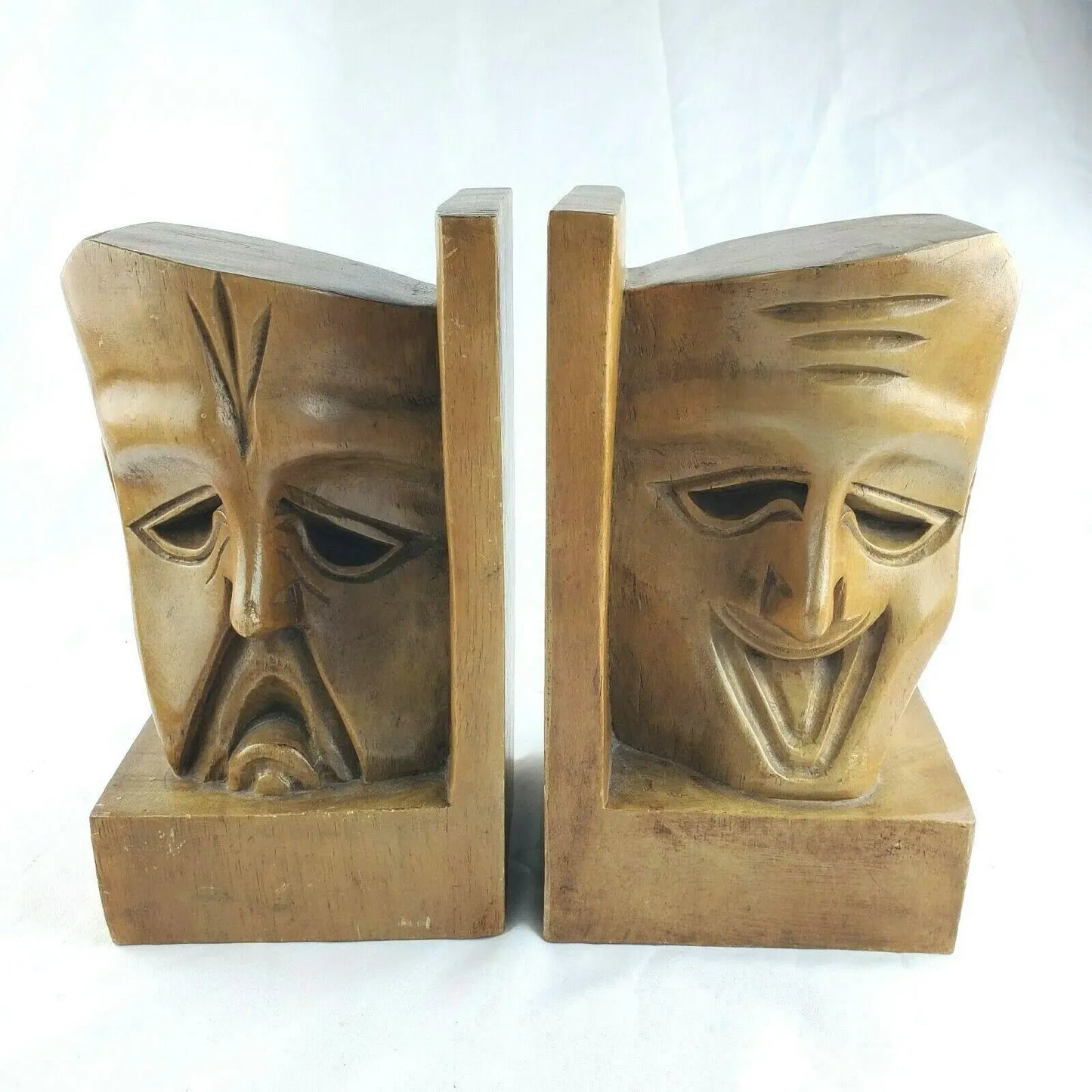 Mid Century Bookends Theater Comedy Tragedy Teak Wood