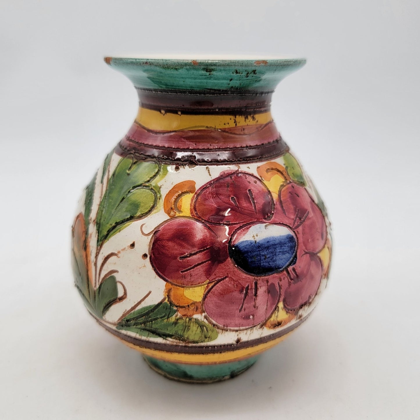 Hand-Painted Italian Sgraffito Majolica Vase With Floral Design