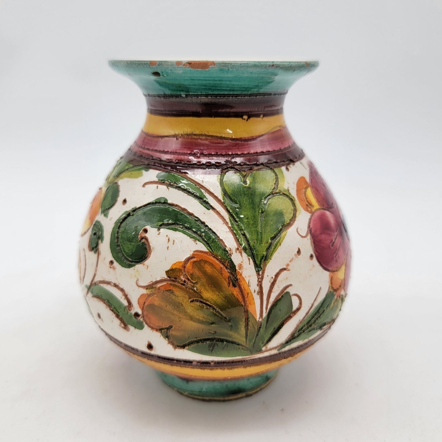 Hand-Painted Italian Sgraffito Majolica Vase With Floral Design