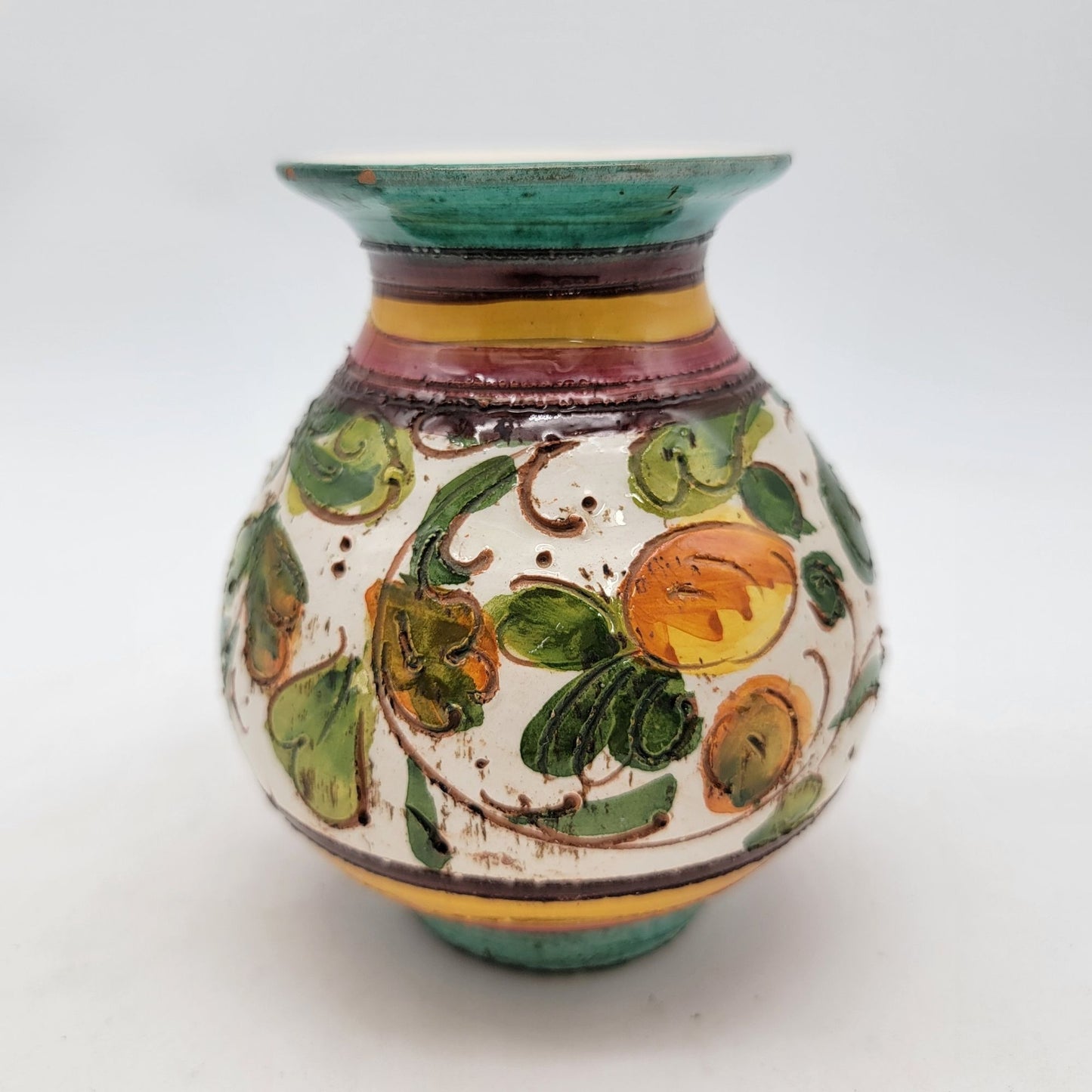 Hand-Painted Italian Sgraffito Majolica Vase With Floral Design