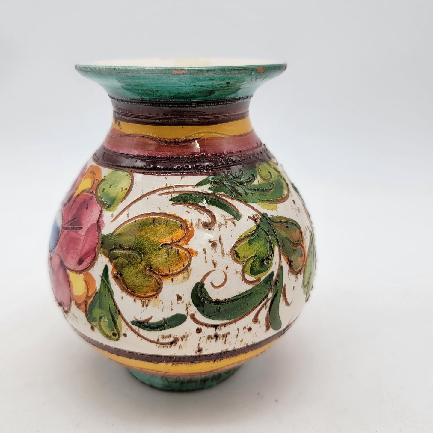 Hand-Painted Italian Sgraffito Majolica Vase With Floral Design