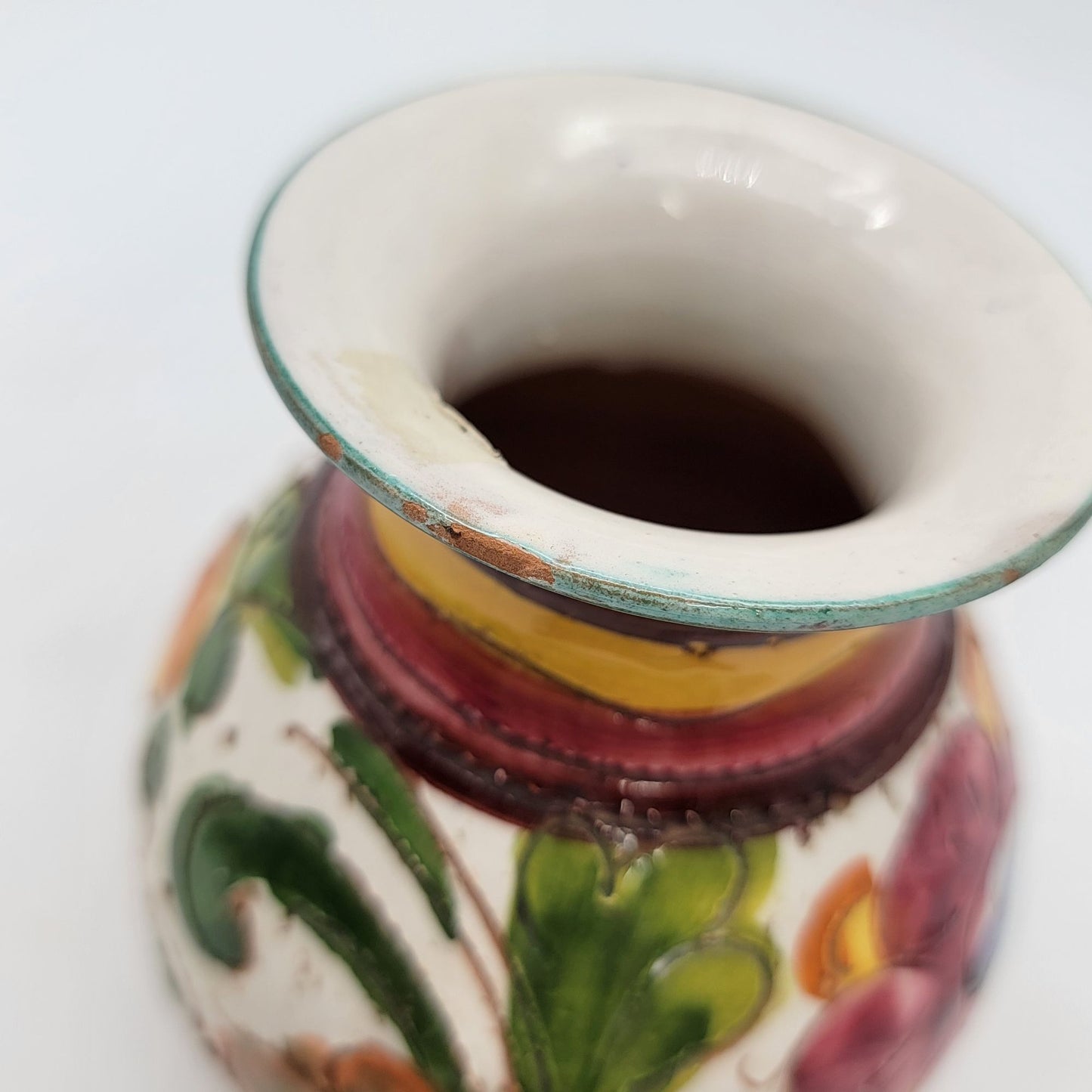 Hand-Painted Italian Sgraffito Majolica Vase With Floral Design