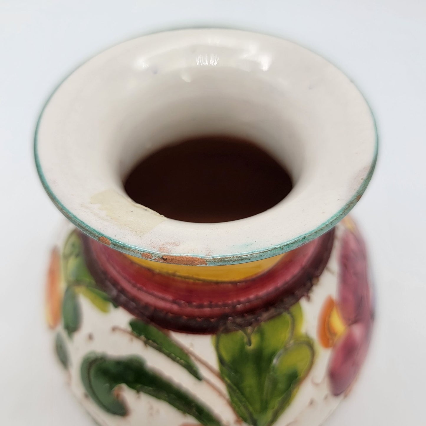 Hand-Painted Italian Sgraffito Majolica Vase With Floral Design