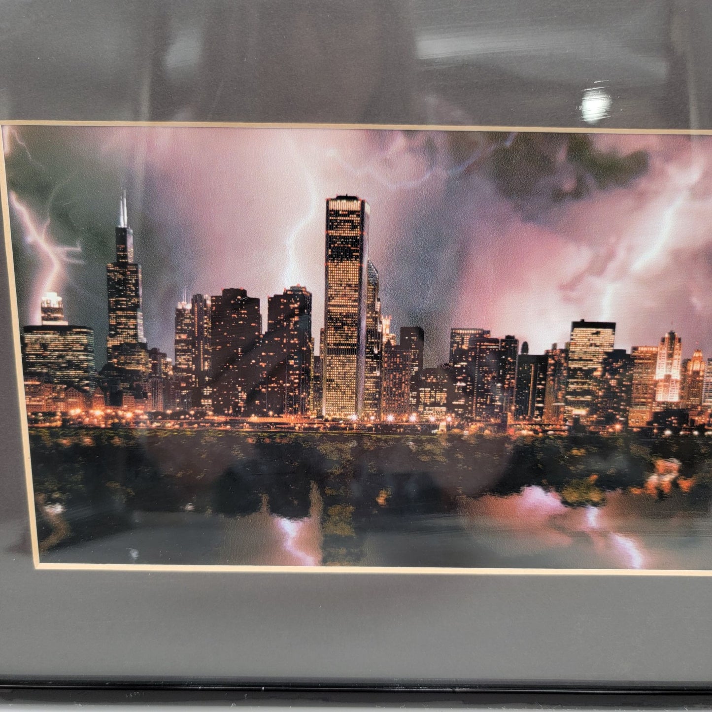 Chicago Skyline Lightning Storm Framed Aerial Photograph By Air One Aerial Photography