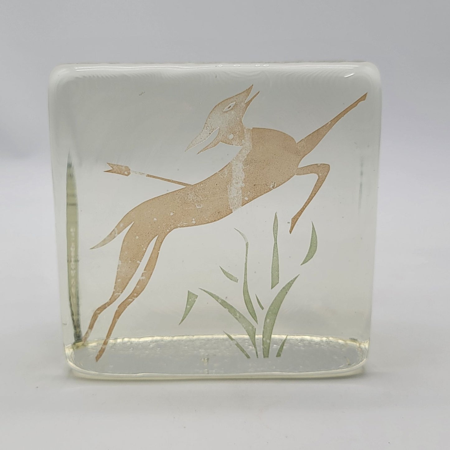 Vintage Blenko Glass Block Bookend With Engraved Deer Design