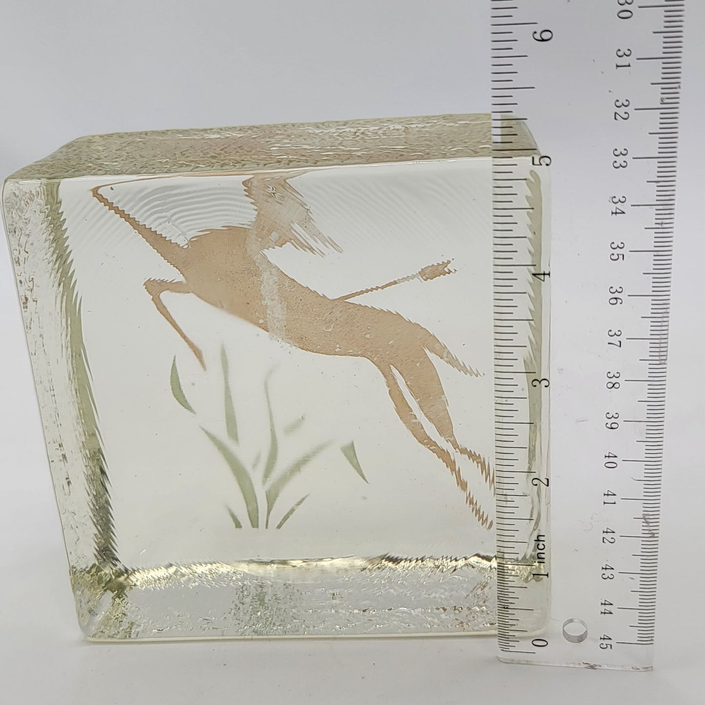 Vintage Blenko Glass Block Bookend With Engraved Deer Design