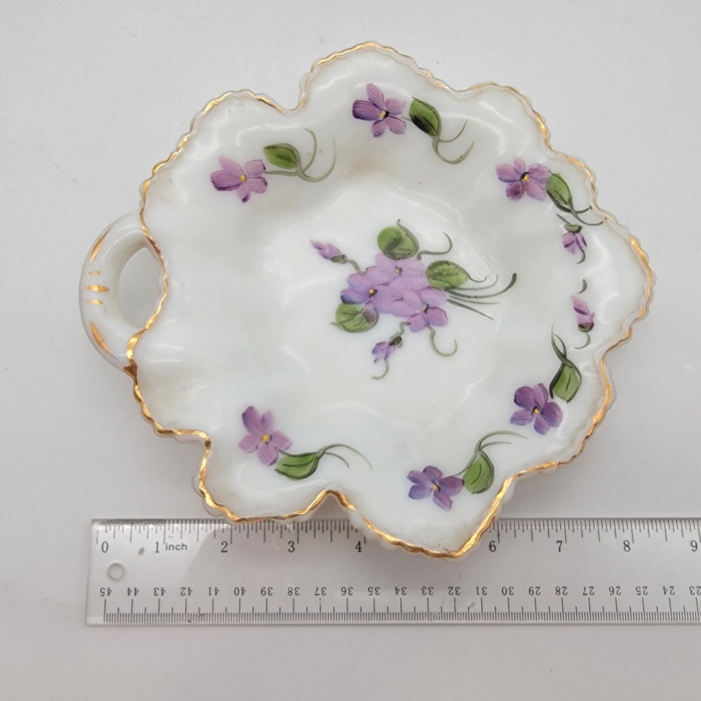 Vintage Milk Glass Leaf Nappy Candy Dish Hand Painted Violets