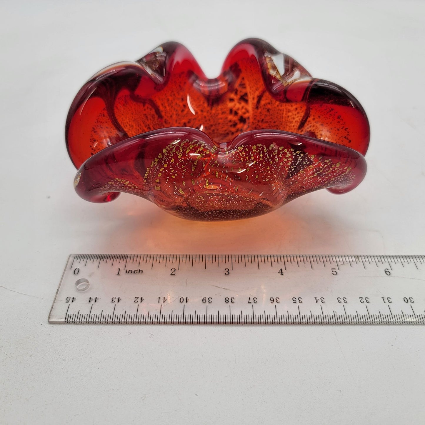 Vintage Murano Glass Ashtray Bowl Red & Gold Fleck Mid-Century Art Piece