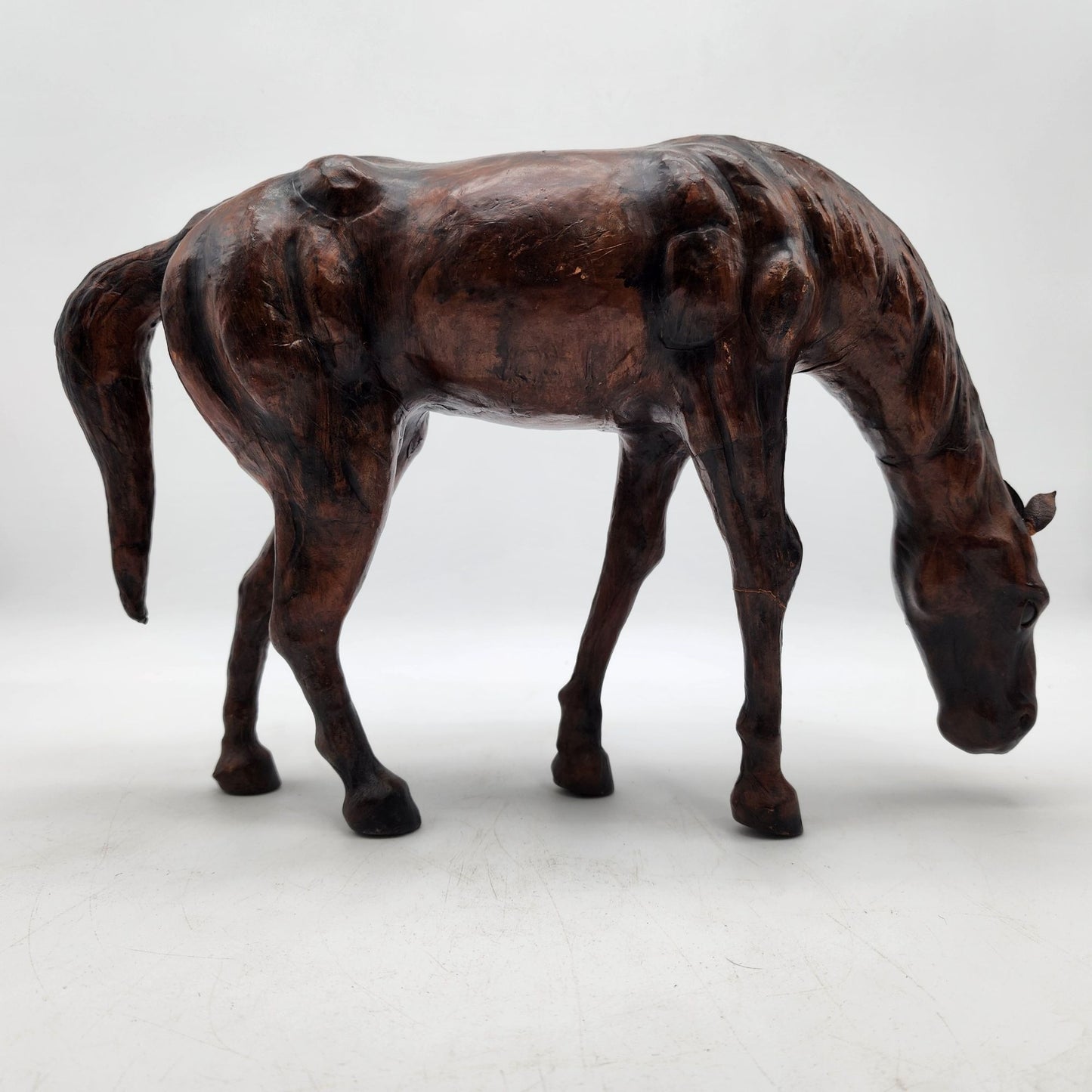 Vintage Leather Wrapped Hand-Carved Wooden Horse Figurine