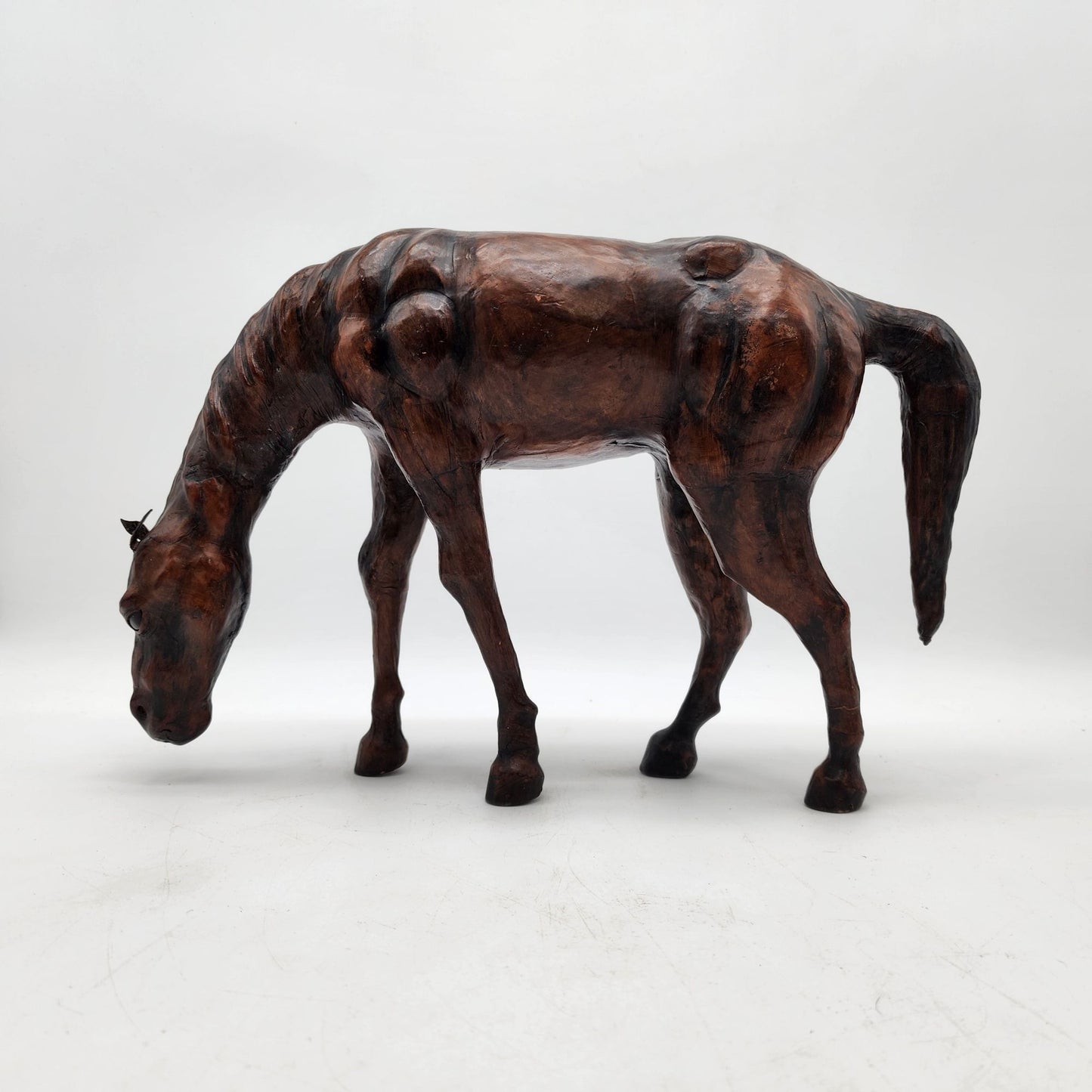 Vintage Leather Wrapped Hand-Carved Wooden Horse Figurine