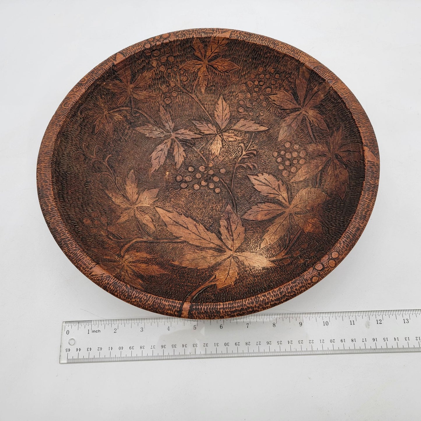 Handcrafted Vintage Pierography Wooden Bowl With Intricate Leaf & Dragon Carved Design