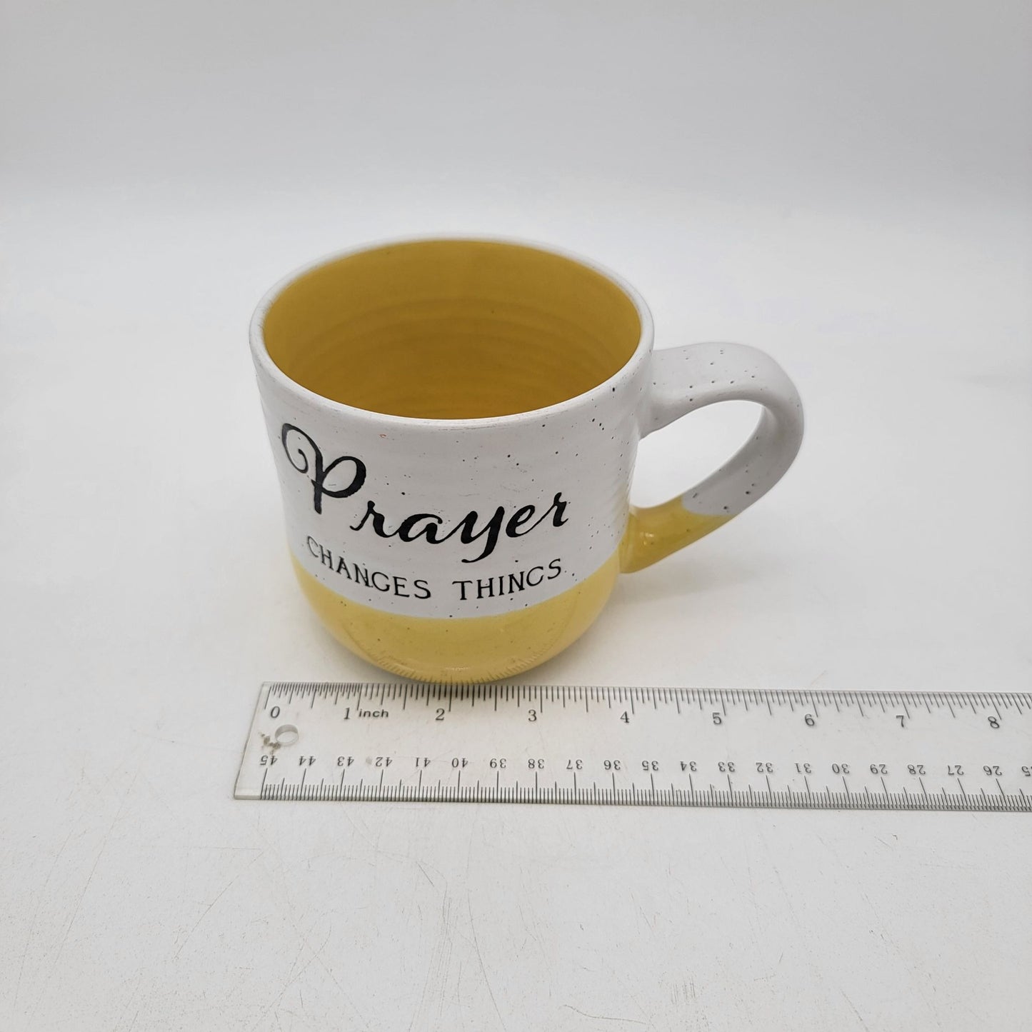 Prayer Changes Things Yellow & White Ceramic Mug
