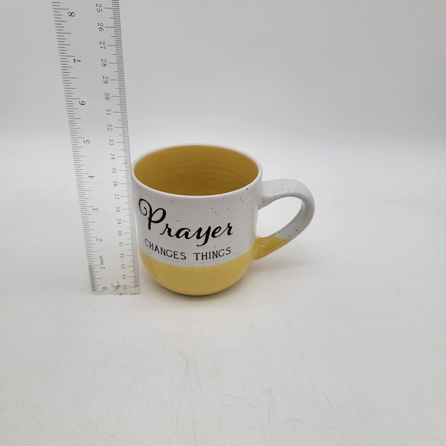 Prayer Changes Things Yellow & White Ceramic Mug