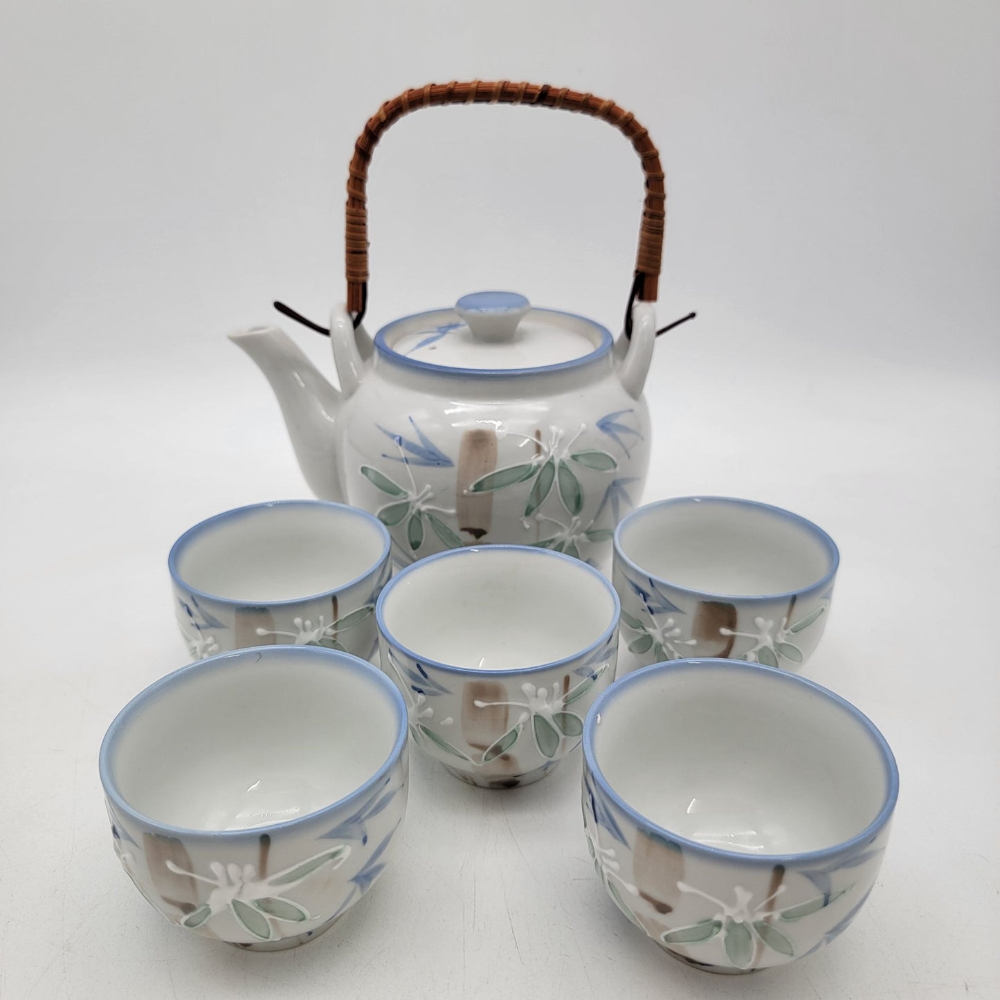 Vintage Japanese Porcelain Teapot & Cup Set With Bamboo Handle