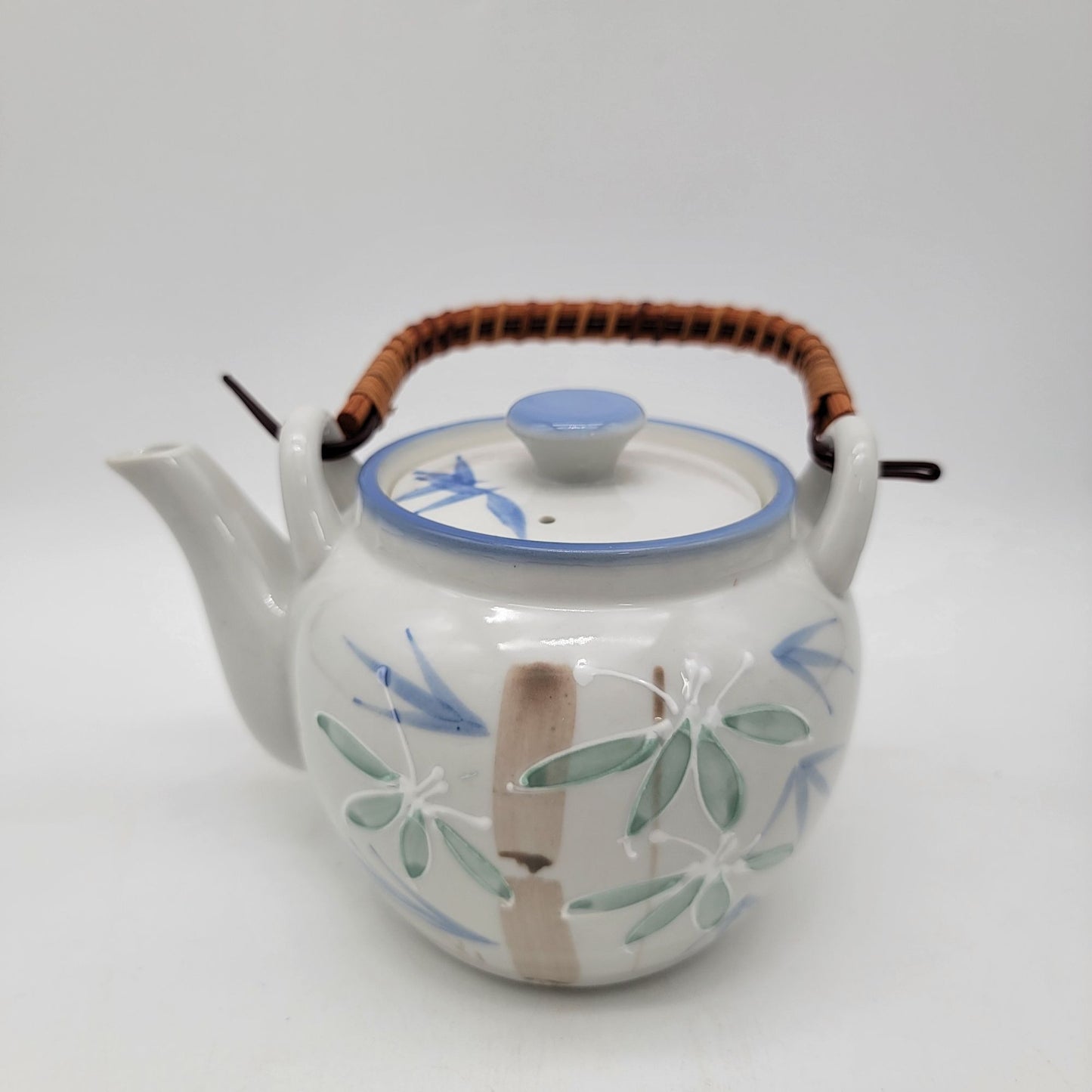 Vintage Japanese Porcelain Teapot & Cup Set With Bamboo Handle