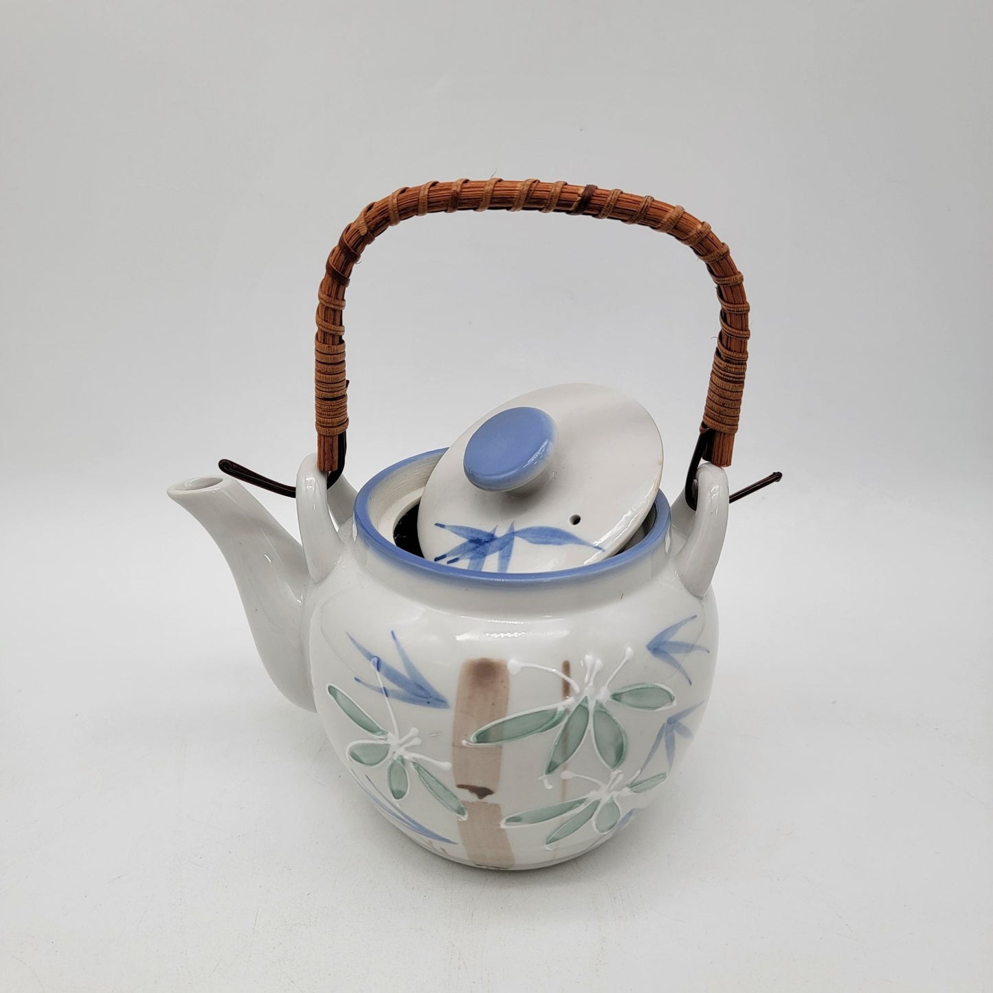 Vintage Japanese Porcelain Teapot & Cup Set With Bamboo Handle