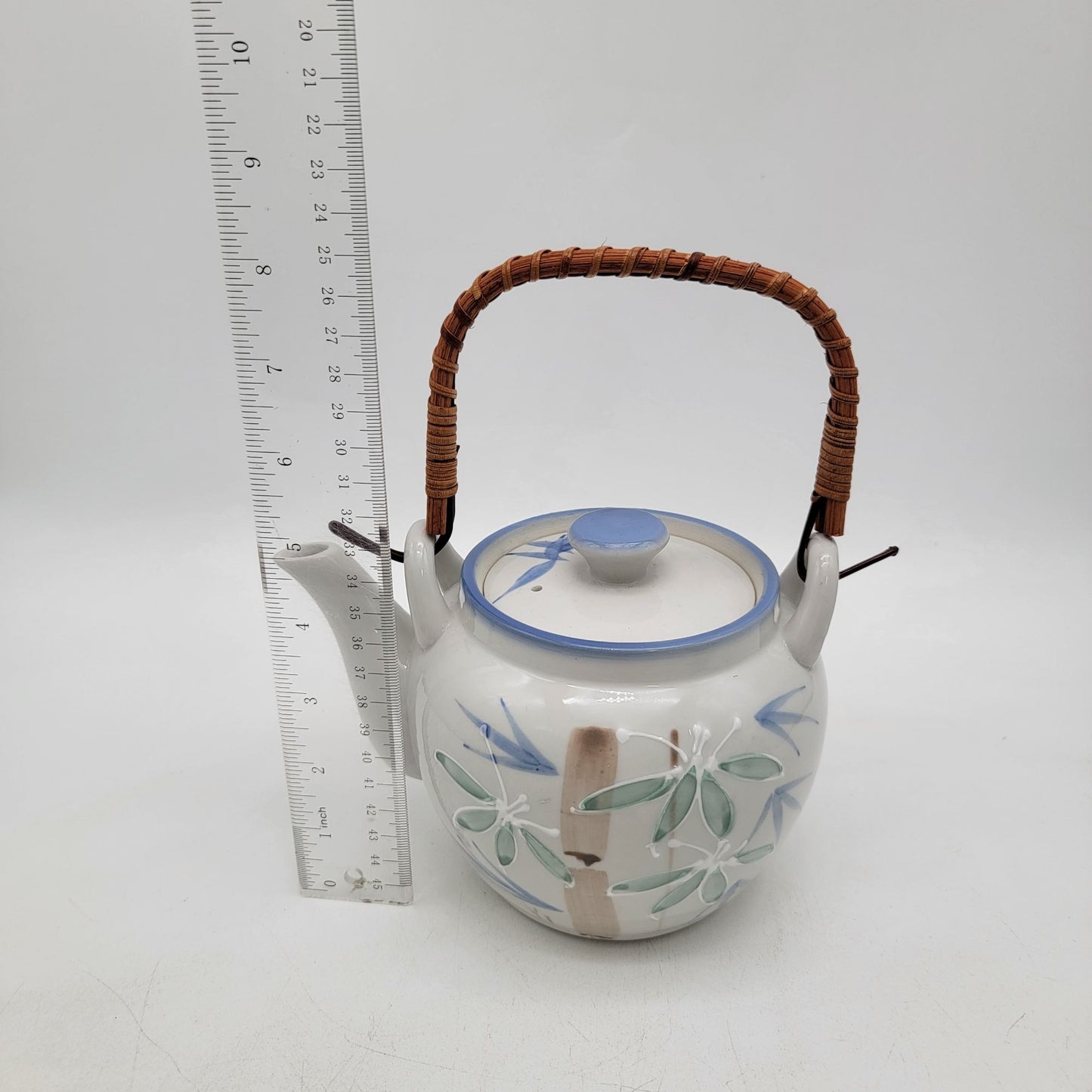 Vintage Japanese Porcelain Teapot & Cup Set With Bamboo Handle