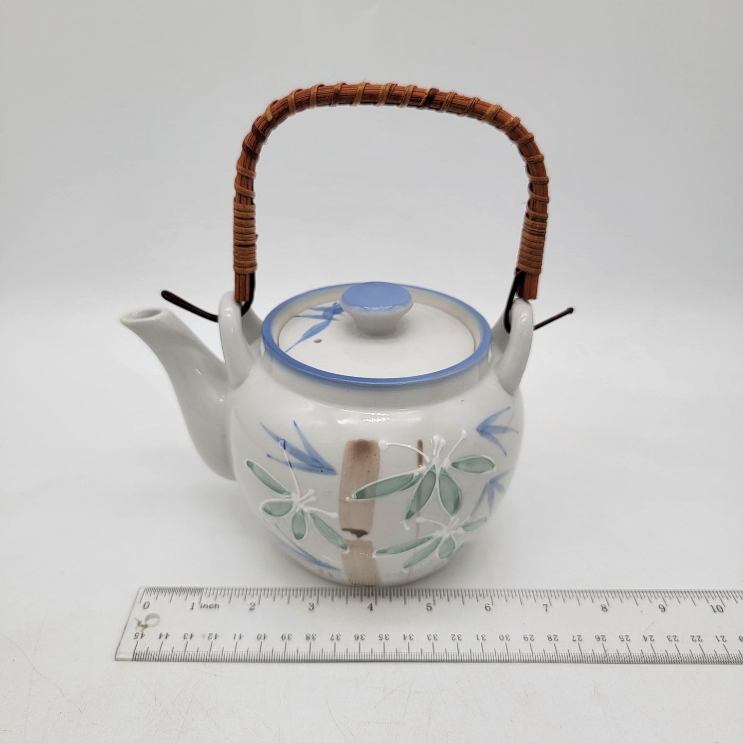 Vintage Japanese Porcelain Teapot & Cup Set With Bamboo Handle