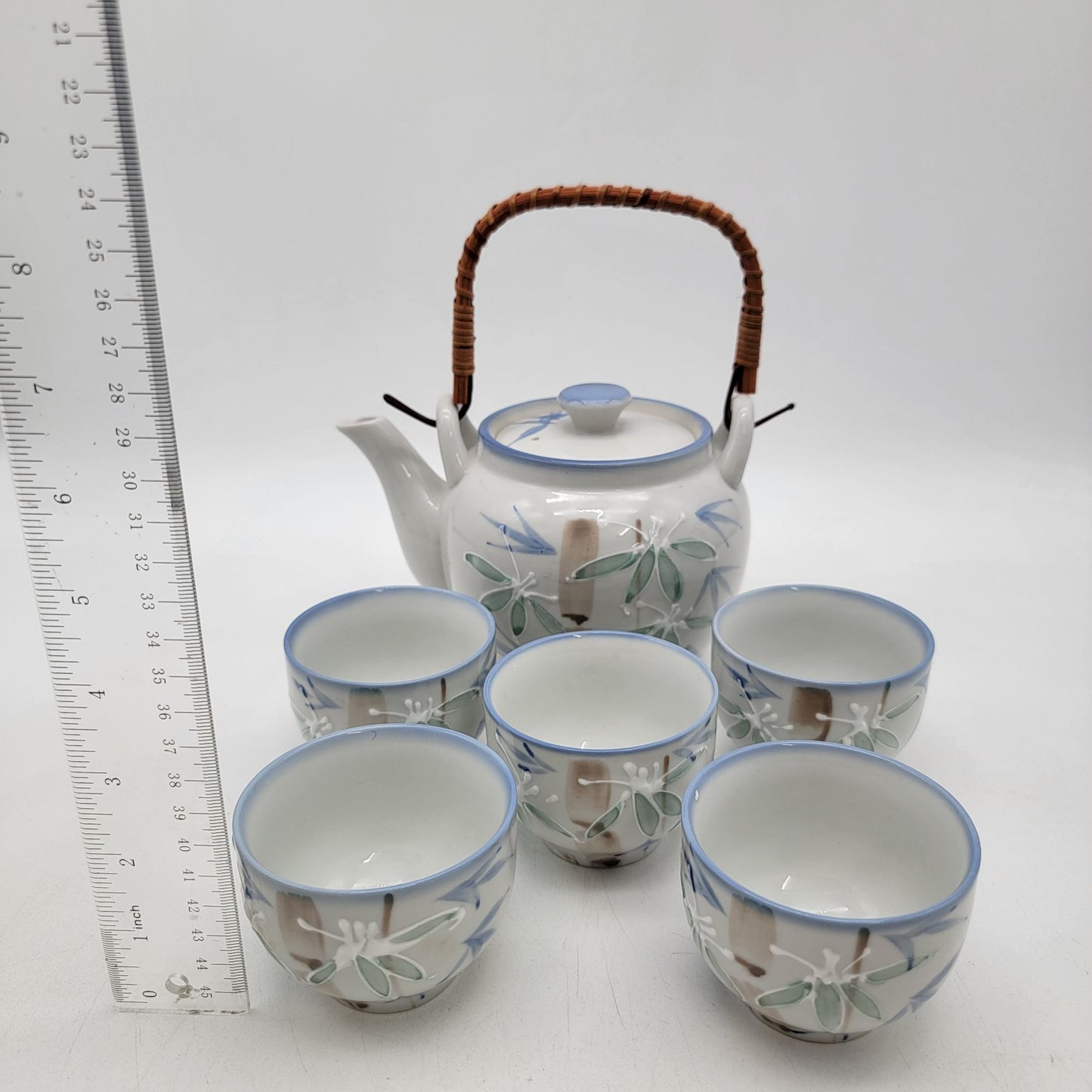 Vintage Japanese Porcelain Teapot & Cup Set With Bamboo Handle