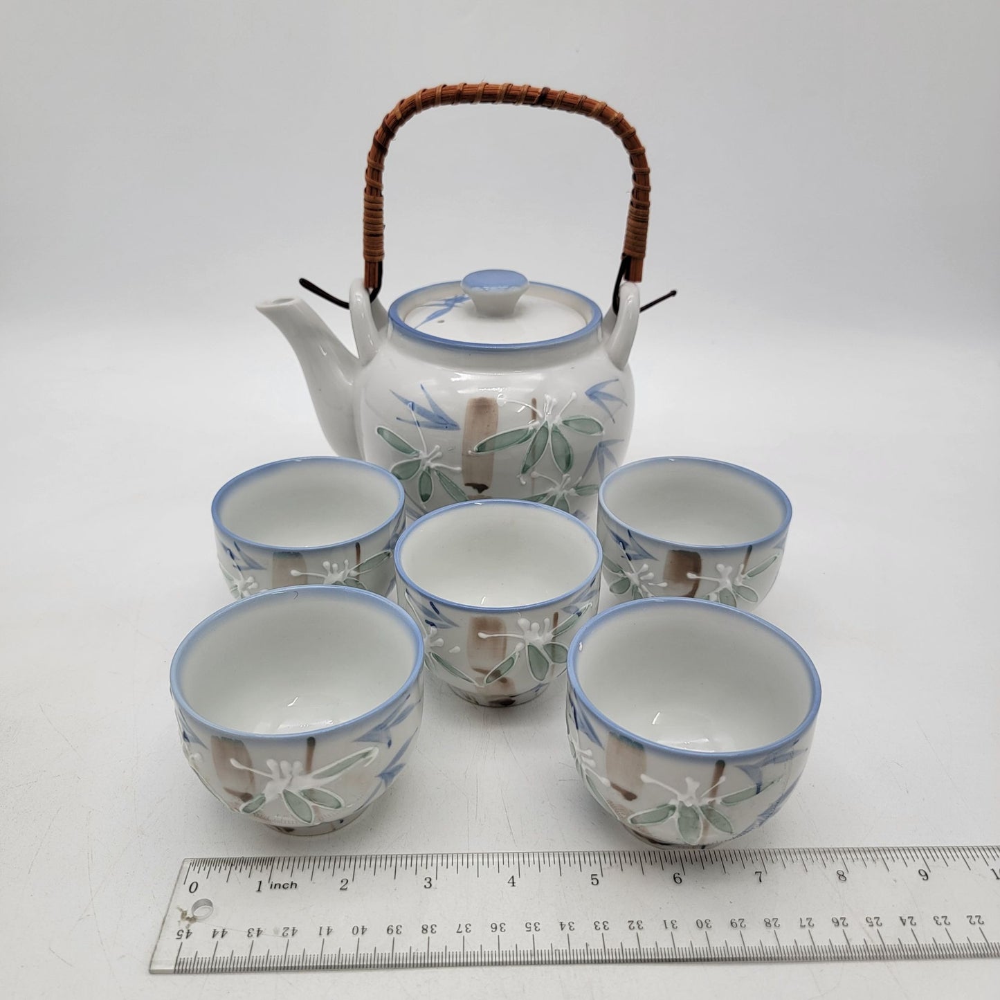 Vintage Japanese Porcelain Teapot & Cup Set With Bamboo Handle