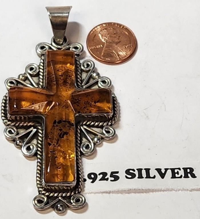 Large Amber Cross 925 Mexico Sterling Pendant