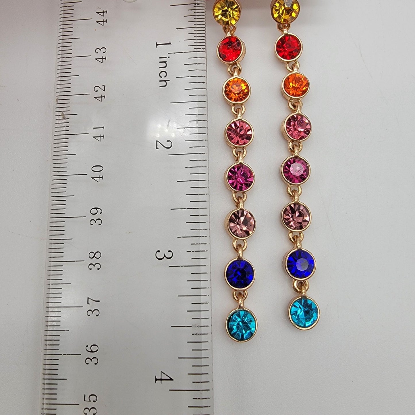 Multi-Colored Rhinestone Bezel-Set Gold-Tone Dangle Shoulder Duster Earrings