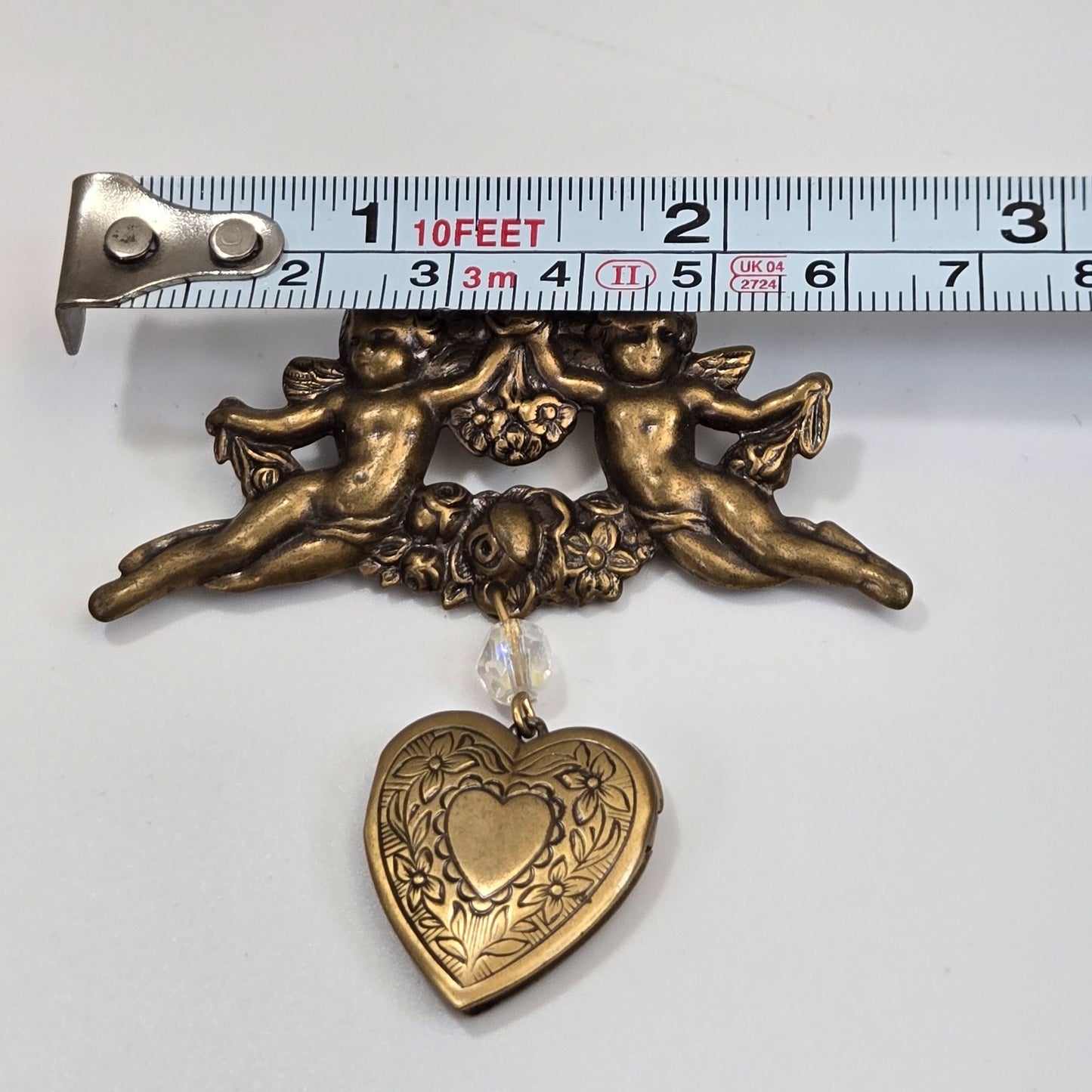 Vintage Cherub Angels Dangle Heart Locket Brooch