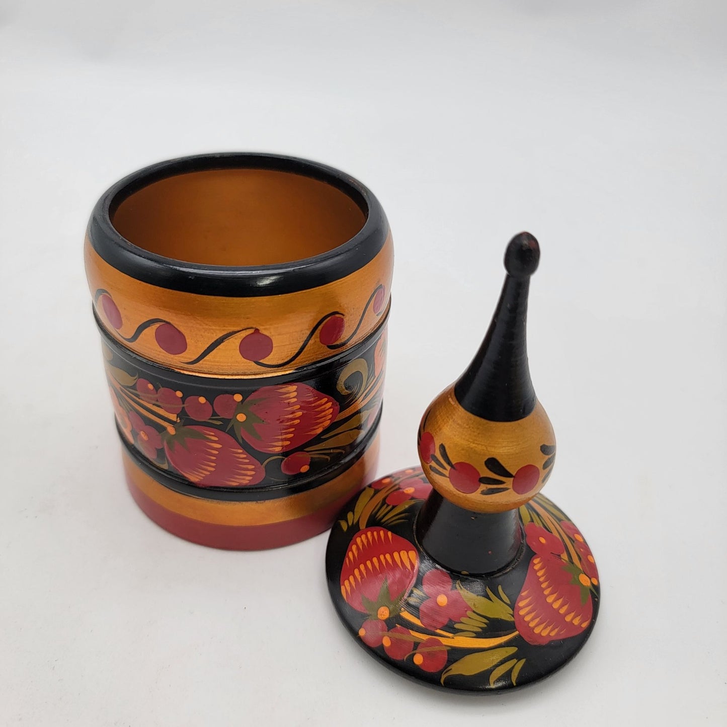 Vintage Russian Hand-Painted Wooden Lidded Container