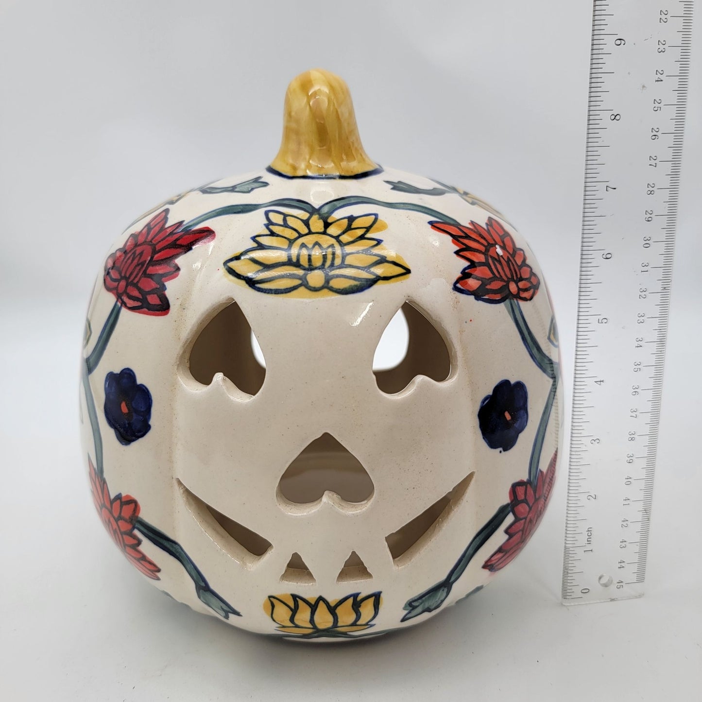 Talavera Style Halloween Pumpkin Jack-O-Lantern White with Large Yellow Flower