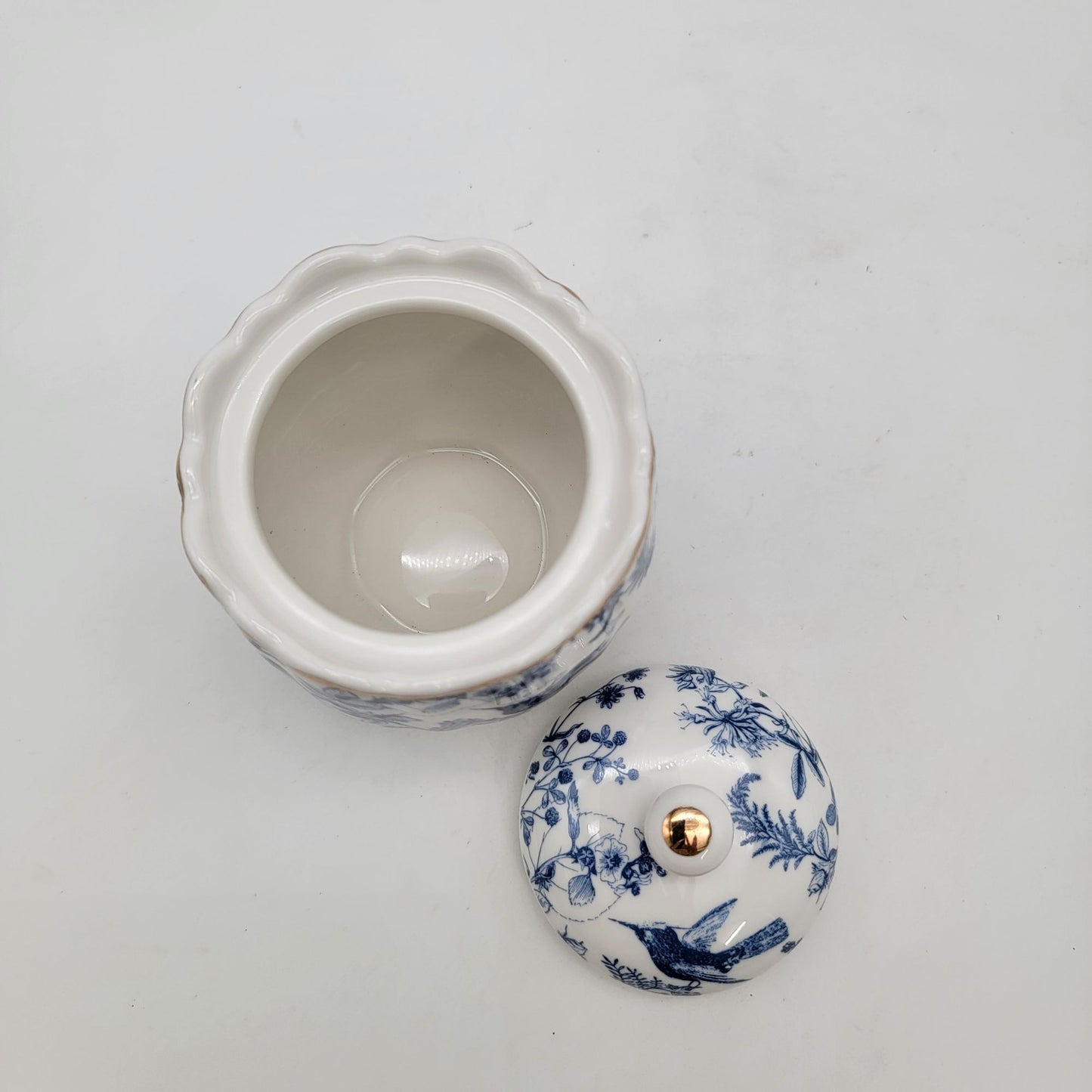 Vintage Blue & White Porcelain Lidded Jar With Bird & Floral Design
