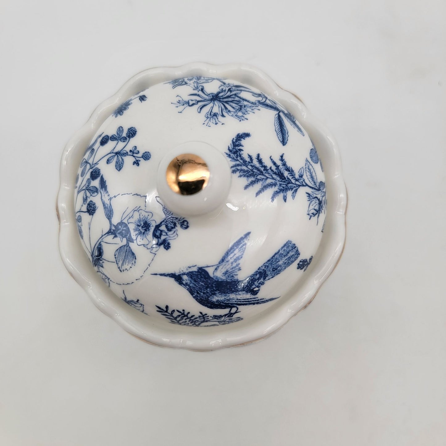 Vintage Blue & White Porcelain Lidded Jar With Bird & Floral Design