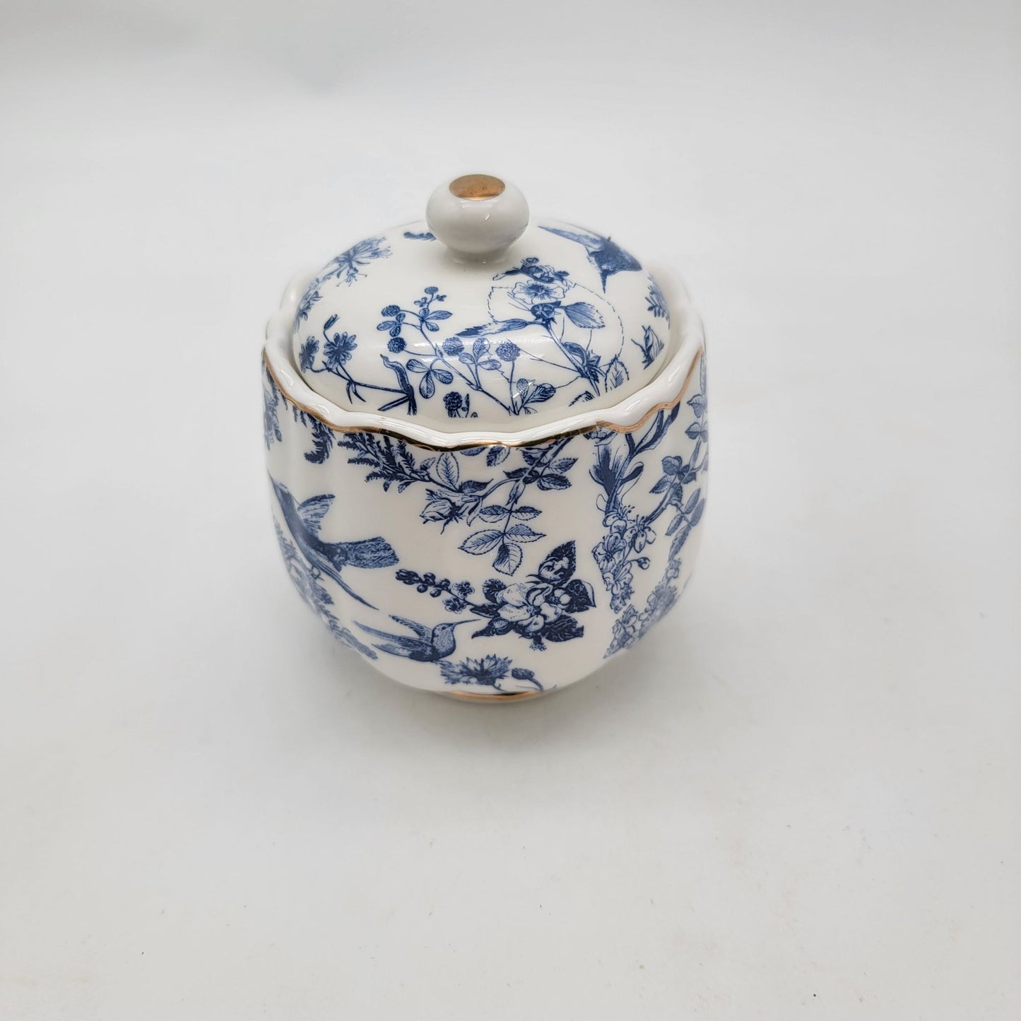 Vintage Blue & White Porcelain Lidded Jar With Bird & Floral Design
