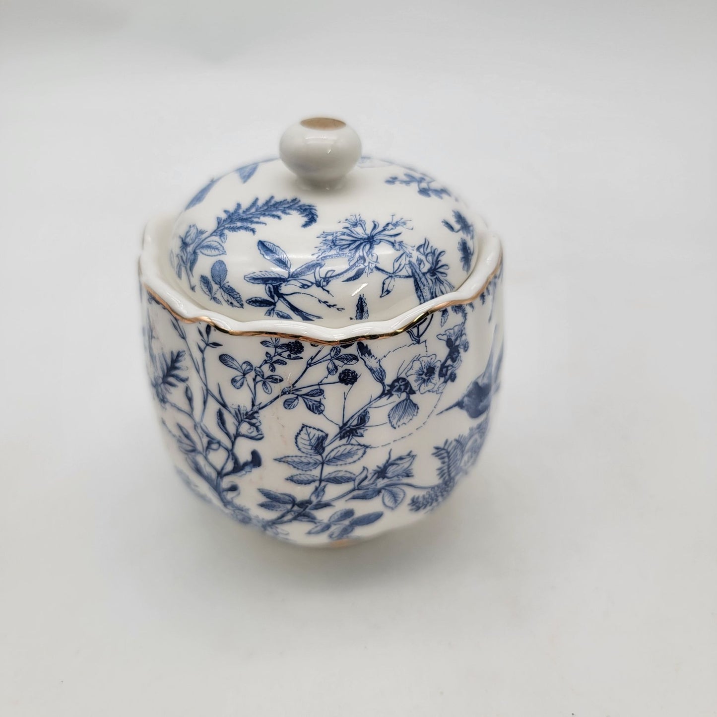 Vintage Blue & White Porcelain Lidded Jar With Bird & Floral Design