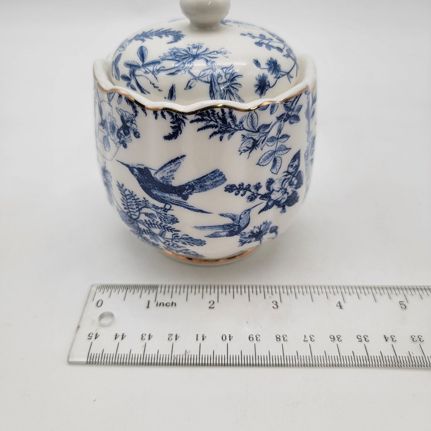 Vintage Blue & White Porcelain Lidded Jar With Bird & Floral Design