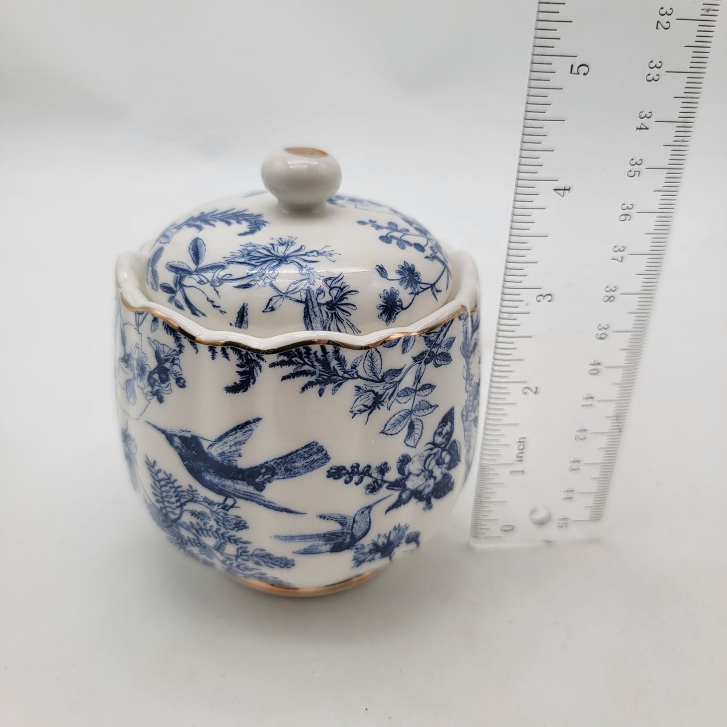 Vintage Blue & White Porcelain Lidded Jar With Bird & Floral Design