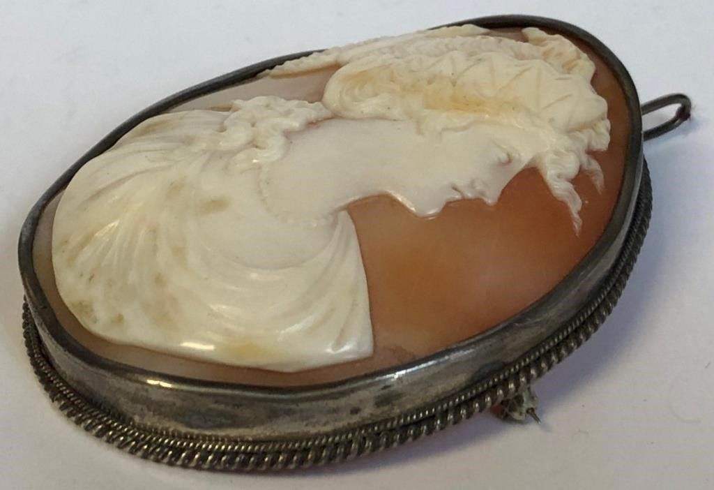 Antique Cameo Silver Brooch Pendant