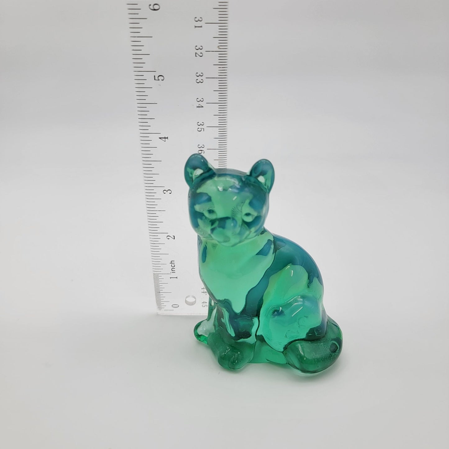 Fenton Green Opalescent Art Glass Sitting Cat Sculpture