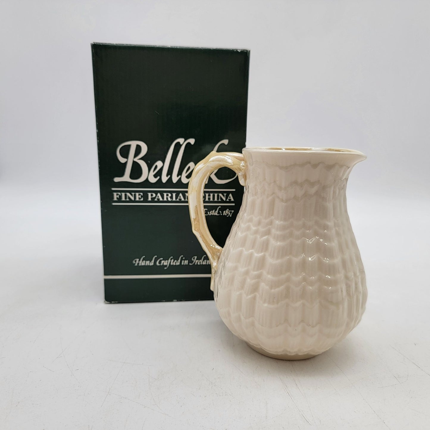 Belleek Milk Jug 18 Oz Tridacna Yellow No Trim with Box