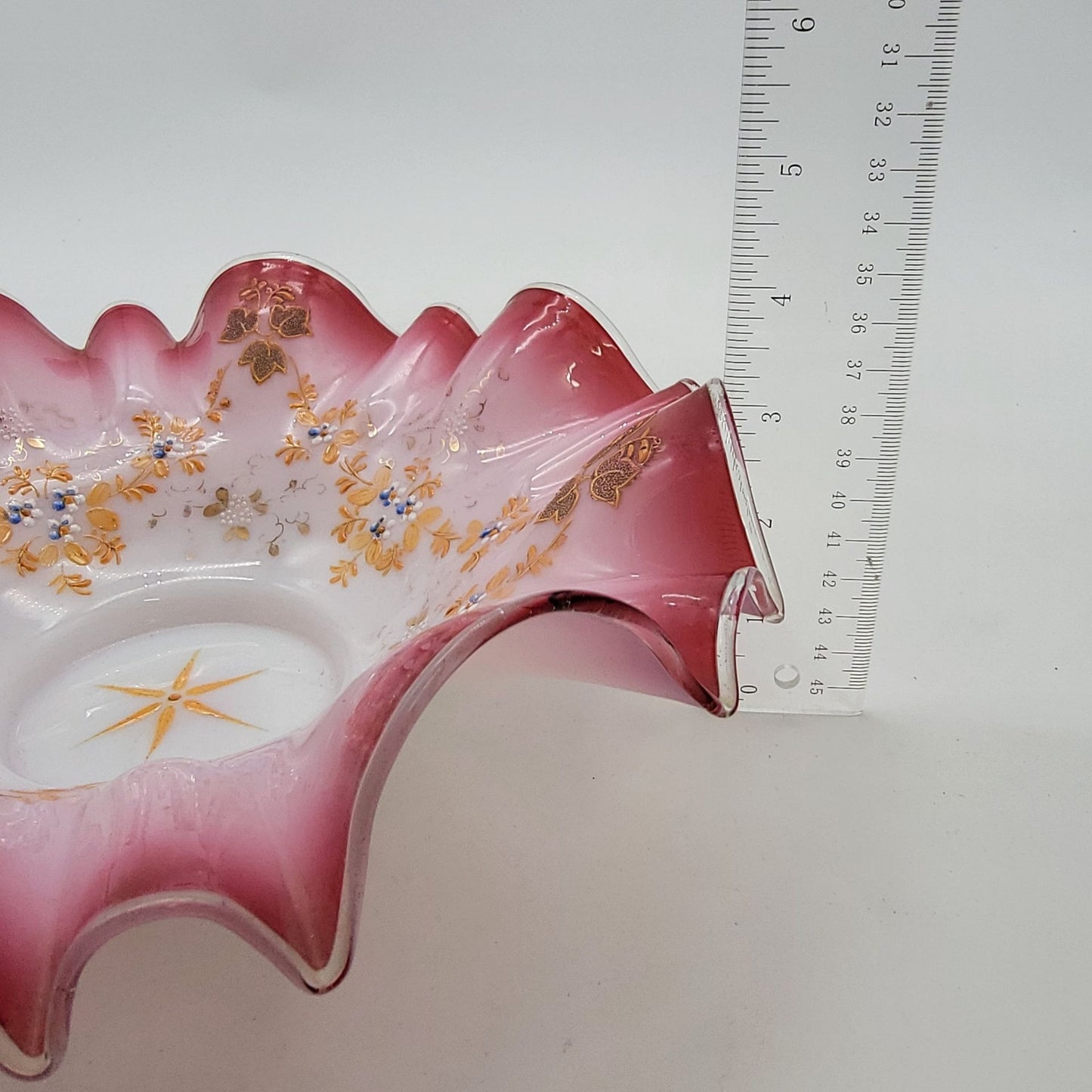 Antique Victorian Hand Painted Glass Brides Basket Pink & White Floral Ruffled Edge