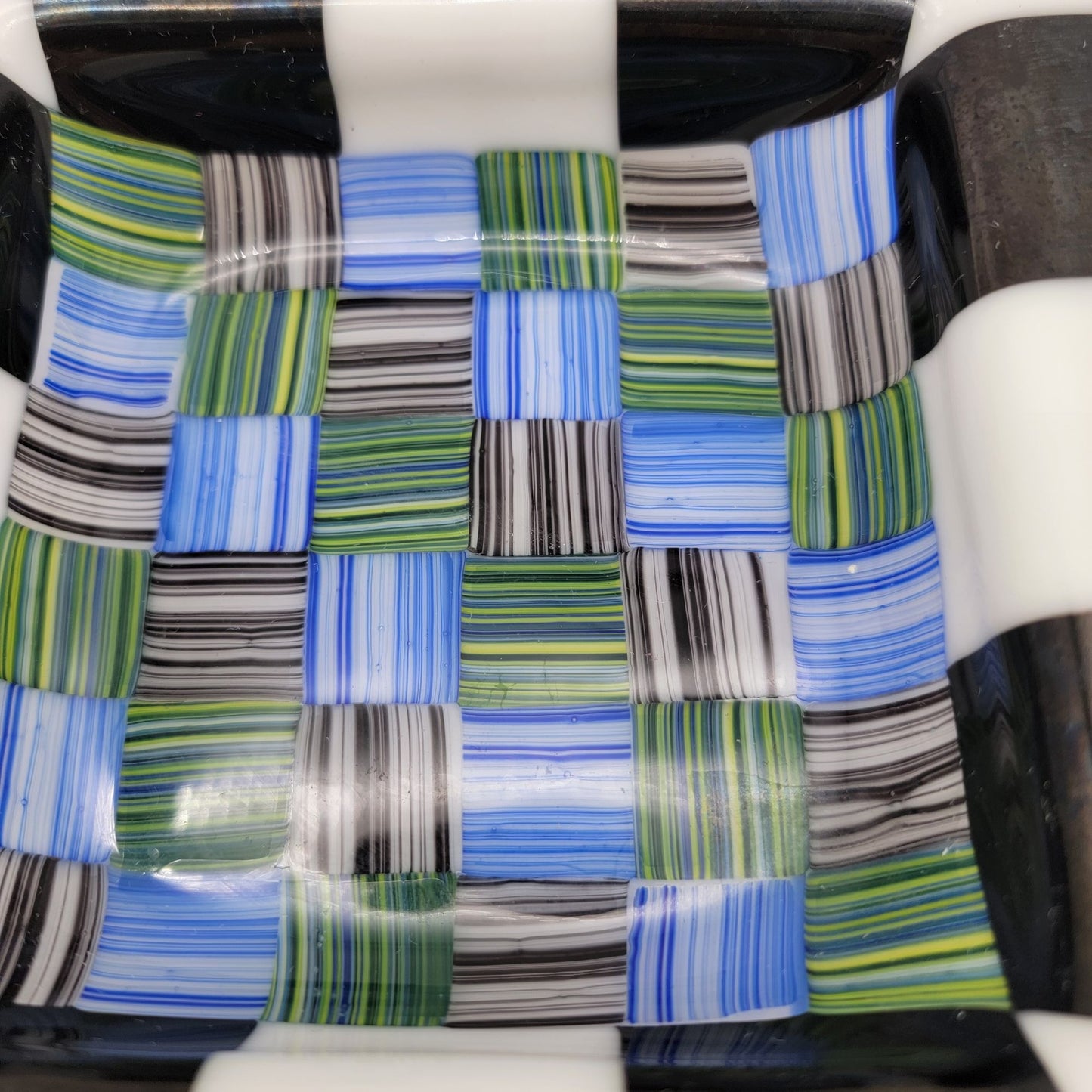 Fused Glass Decorative Bowl With Checkerboard & Striped Design