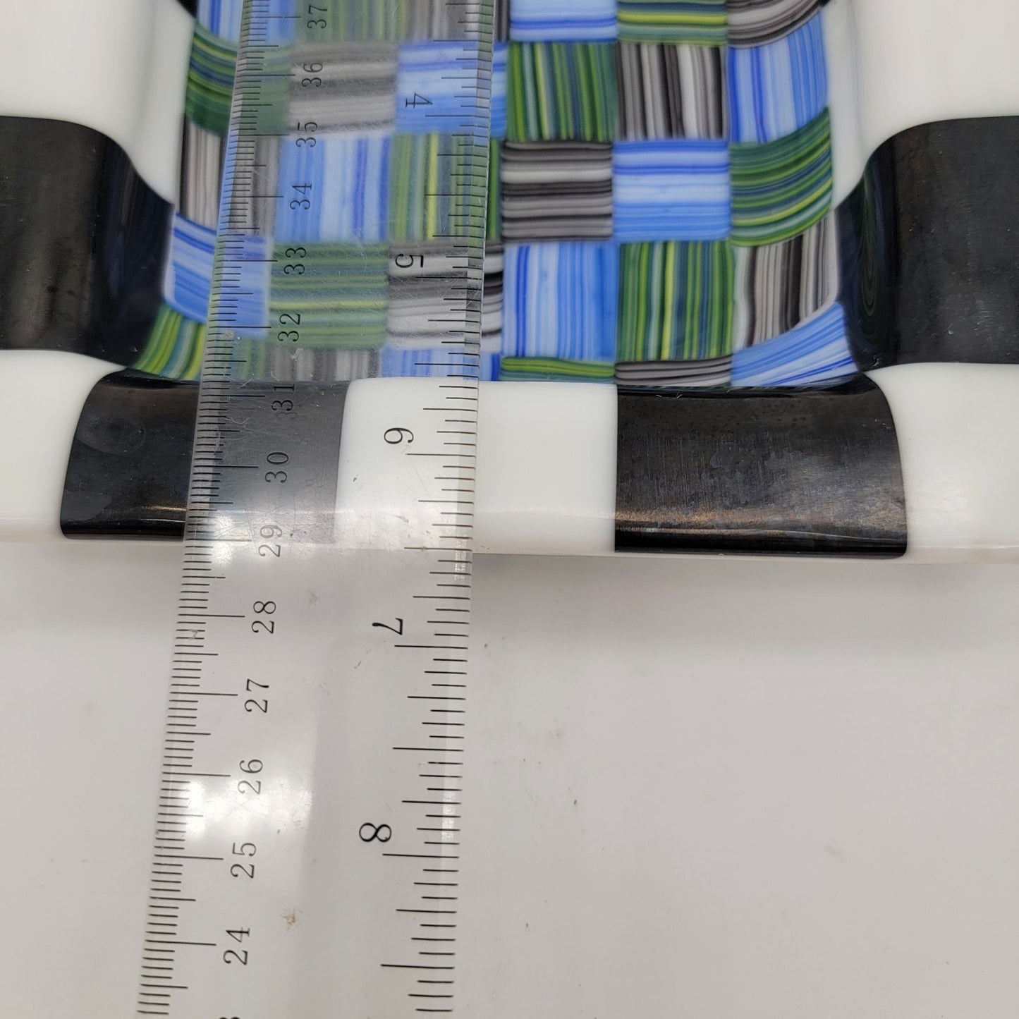 Fused Glass Decorative Bowl With Checkerboard & Striped Design