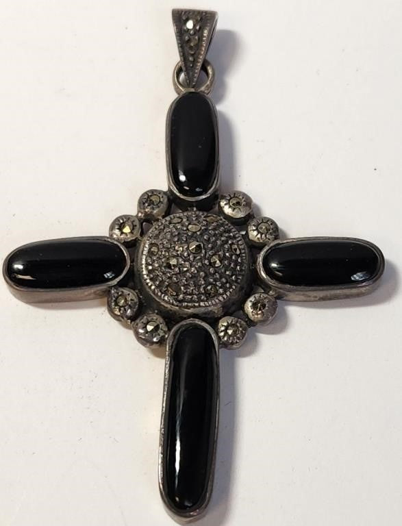 Marcasite Sterling Silver and Onyx Cross Pendant