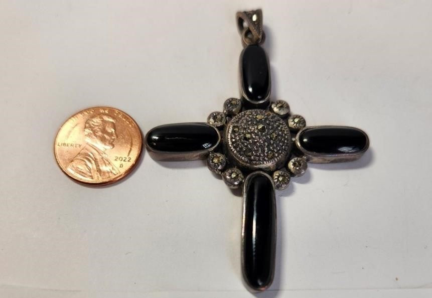 Marcasite Sterling Silver and Onyx Cross Pendant