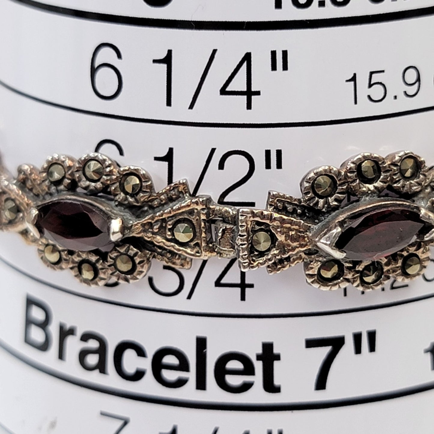 Art Deco 925 Sterling Silver Marcasite & Garnet Bracelet Size 6.75