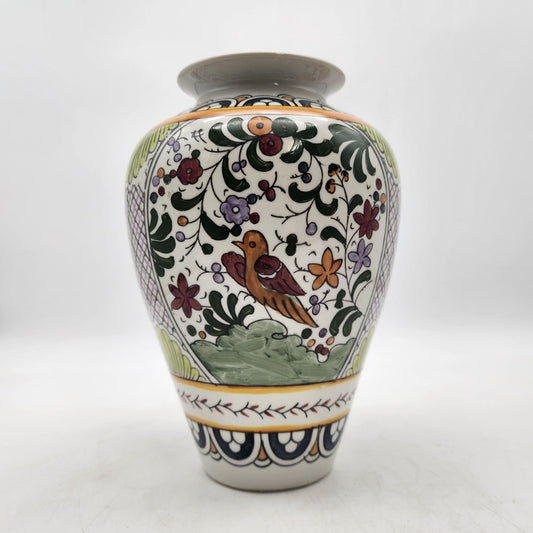 Hand-Painted Vase With Floral & Bird Motif
